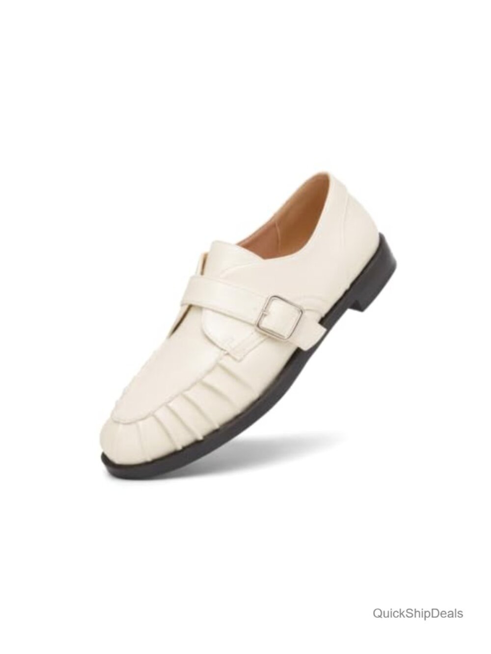 Coutgo Women's Pleated Monk Strap Loafers Slip-On Faux Leather Comfort Flat
